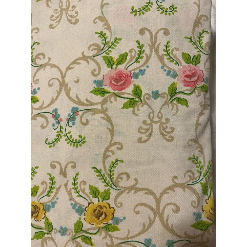VTG Cannon Full Fitted Sheet Roses Pink Gold Scrolls Green Off White Craft Quilt